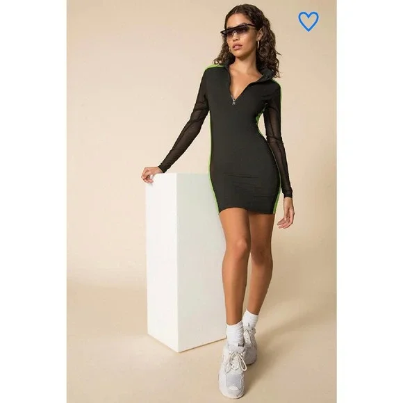 Superdown Mesh Long Sleeve 1/4 Zip Bodycon Mini Dress Black Green Womens Small - Picture 4 of 12
